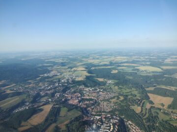 Cesky Krumlov from 6000 feet ASL. You can see the larger city of Cesky Budejovice in the distance.